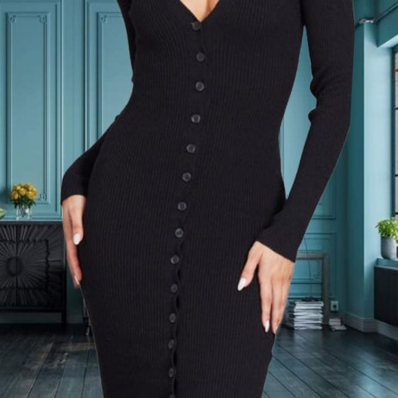 Button Front Ribbed Long Dress - Picture 6 of 7